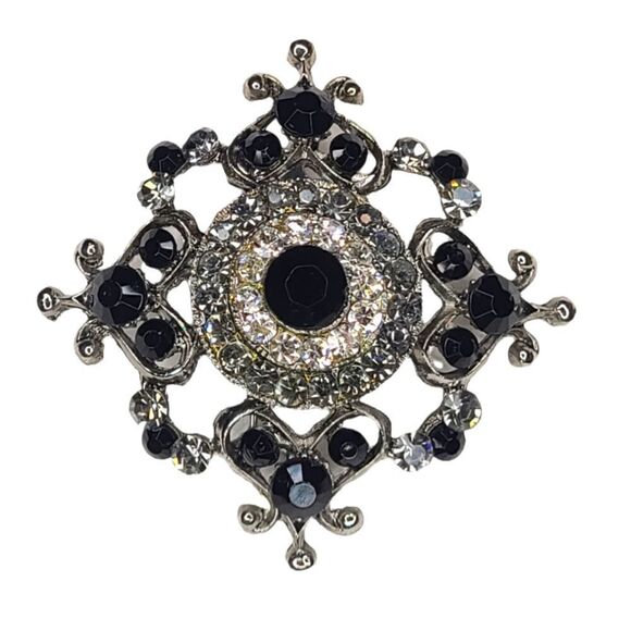 Victorian style Brooch Pin black rhinestones crystals Pewter tone - Picture 1 of 2